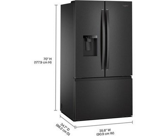 Réfrigérateur trois portes avec porte à deux battants autoportant de 36 po, 30 pi³. avec système distributeur d'eau et de glaçons externe Whirlpool - WRFF3536SV