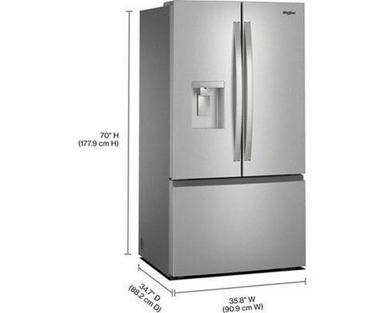 Réfrigérateur trois portes avec porte à deux battants autoportant de 36 po, 30 pi³. avec système distributeur d'eau et de glaçons externe Whirlpool - WRFF3536SZ