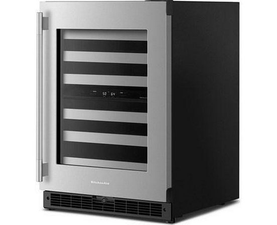 Cellier à vin sous le comptoir de 46 bouteilles avec clayettes à façade métallique à extension complète KitchenAid - KUWR324SSB
