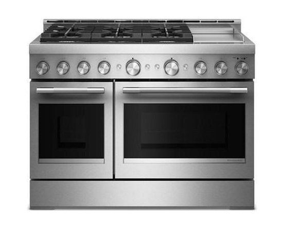 Cuisinière autoportante à gaz de 48 po avec 6 brûleurs et plaque chauffante KitchenAid - KFGD948SSS